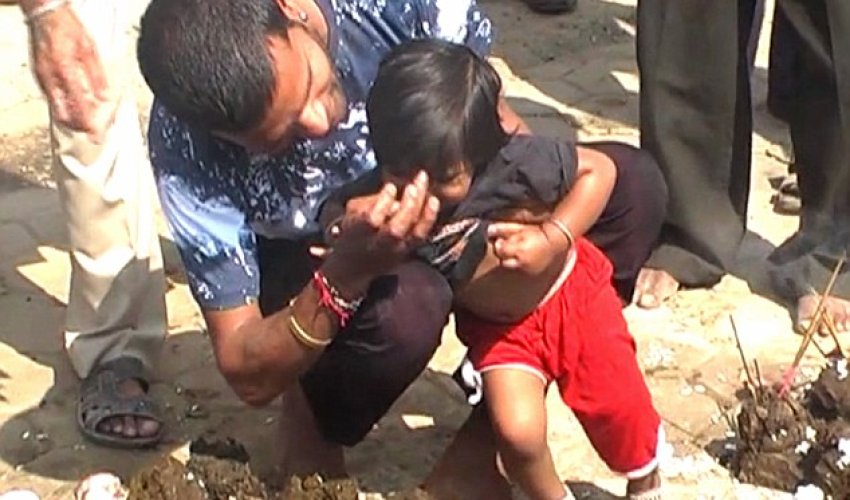 Parents roll children and babies in COW MANURE