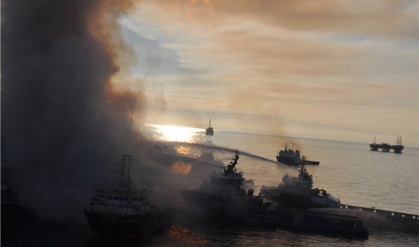 Azerbaijan quenches rig blaze, averts 'major oil spill' in Caspian Azerbaijan quenches rig blaze, averts 'major oil spill' in Caspian