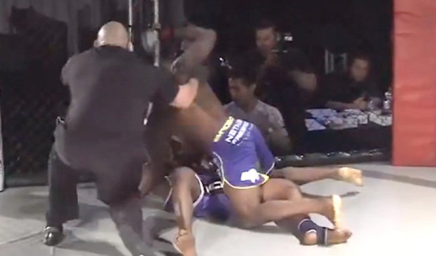 MMA fighter pummelling KOed opponent on floor gets shock of his life