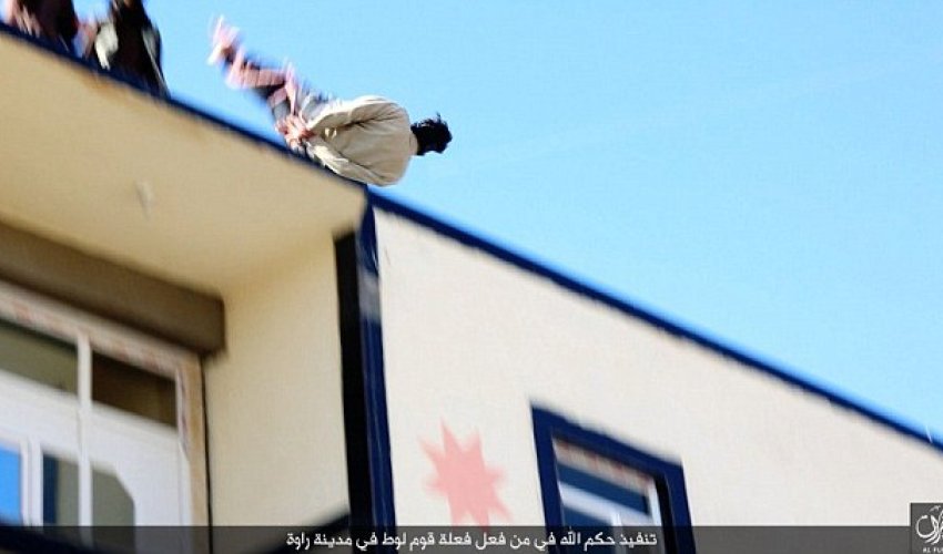 Bound man being hurled off the top of a building after he was accused of being gay Bound man being hurled off the top of a building after he was accused of being gay