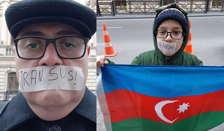 Elçin Əlibəyli özünün və azyaşlı oğlunun ağzını bağlayaraq etiraz aksiyası keçirdi - VİDEO