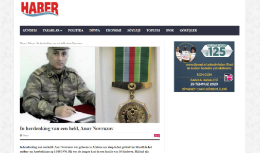 Niderland mediasında şəhid mayor Anar Novruzovdan yazılıb Niderland mediasında şəhid mayor Anar Novruzovdan yazılıb