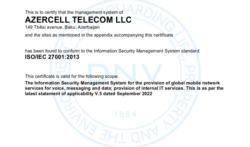 Azercell affirms its customer information protection practice accords with international standards once again