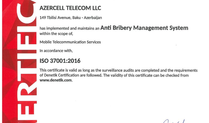 Azercell has successfully renewed its ISO 37001:2016 