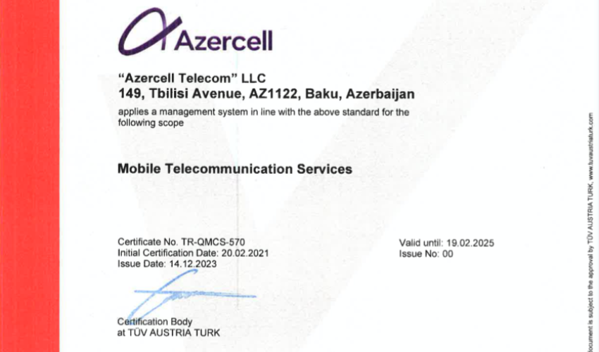 Azercell was awarded an international certificate for quality management