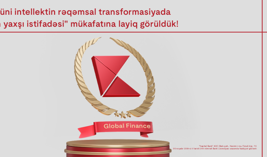 “Global Finance” Kapital Bank-ı “Süni intellektin rəqəmsal transformasiyada ən yaxşı istifadəsi” mükafatına layiq görüb