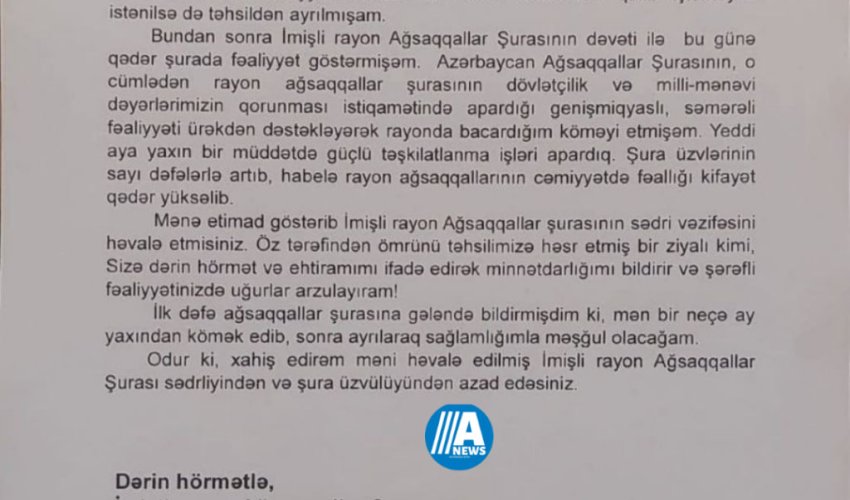 İmişli Ağsaqqallar Şurasına sədr təyin edilən Vahid Tağıyev istefa ərizəsi yazıb İmişli Ağsaqqallar Şurasına sədr təyin edilən Vahid Tağıyev istefa ərizəsi yazıb