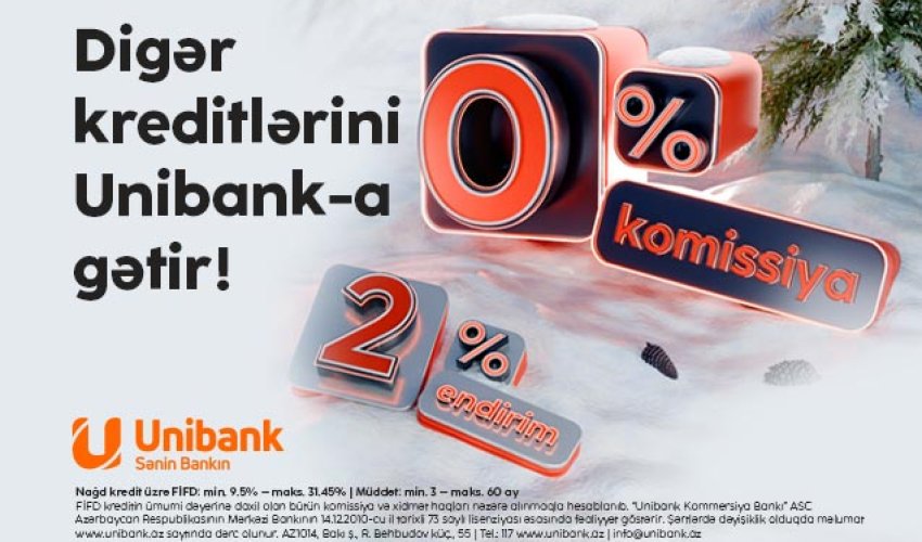 Unibankdan Yeni ilin ilk kredit kampaniyası: 0 % komissiya və faizlərə endirim!