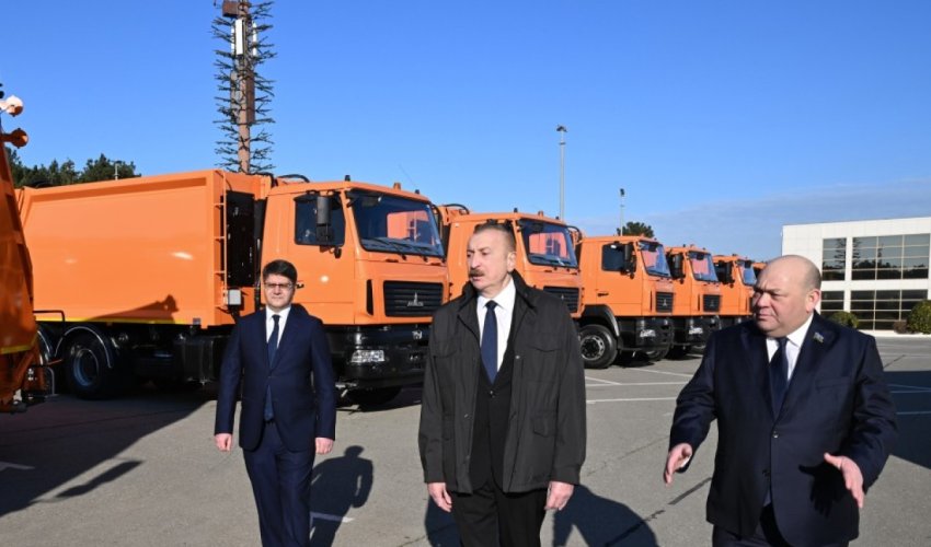 Azerbaijan President reviews locally produced waste collection vehicles at Baku Expo Center