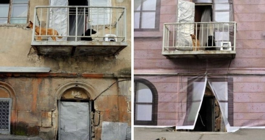 Dilapidated buildings in Yerevan "camouflaged" before Hollande visit
