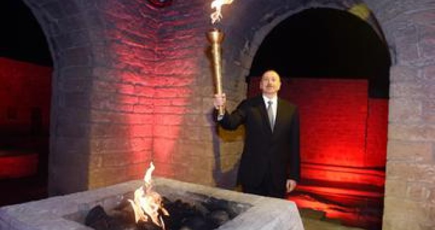 President Aliyev Captures Baku 2015 European Games Flame at Ancient Temple, Ateshgah