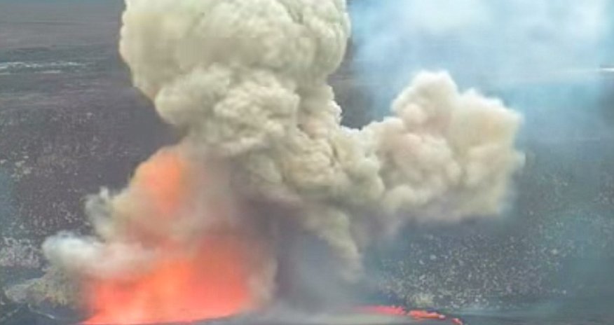 Hawaiian volcano explodes as crater wall collapses causing flaming lava lake blast