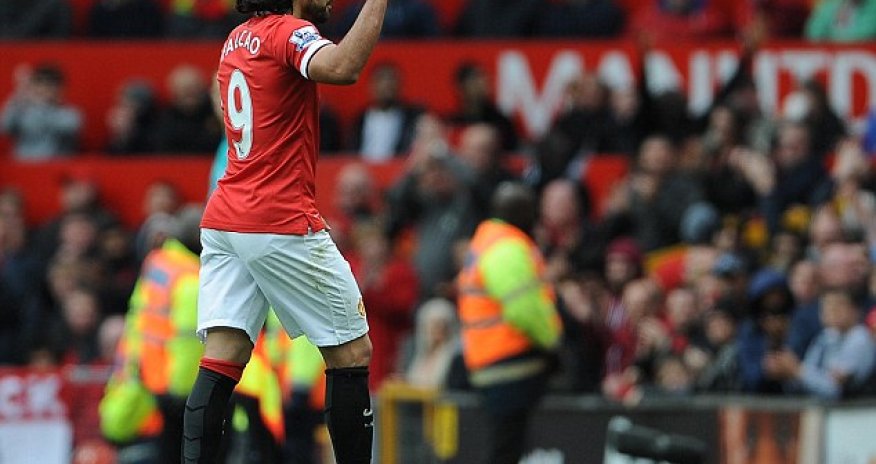 Radamel Falcao waves goodbye to Manchester United fans
