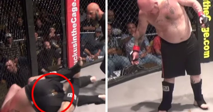 Toe-curling moment cage fighter is beaten so hard he poos himself in the ring