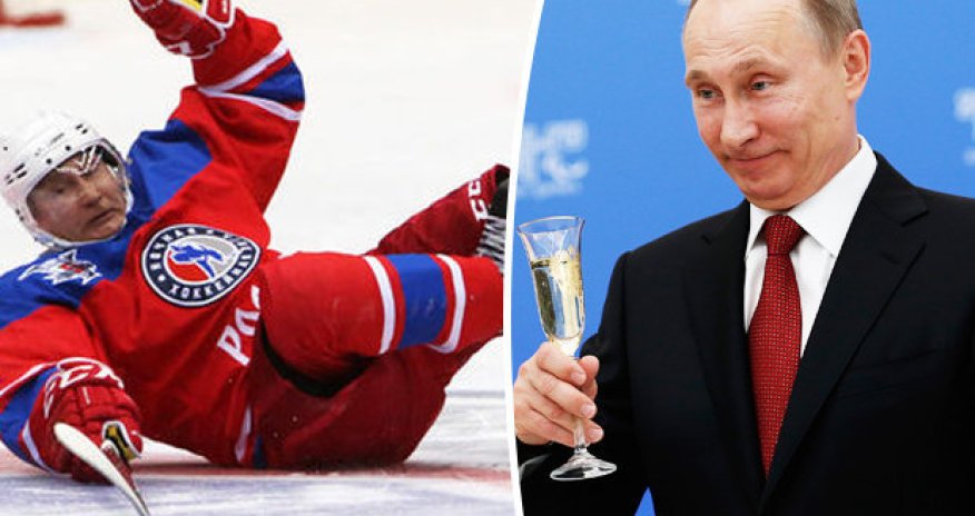 Vladimir Putin leads ice hockey team to win with heroic goal after taking a tumble