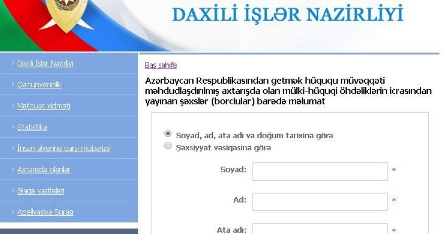 DİN-in saytında ölkədən çıxışına qadağa qoyulmuş və borclu kimi axtarışda olanların siyahısı yerləşdirilib