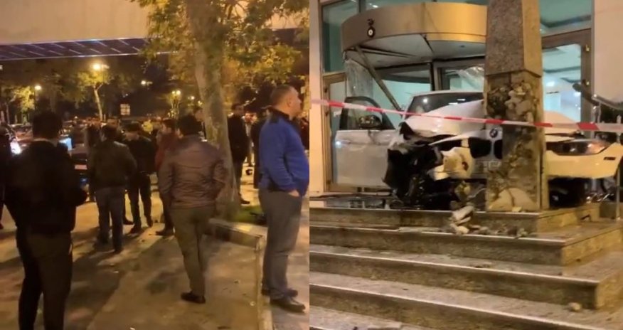 Bakıda BMW yüksək sürətlə qəzaya düşüb məşhur otelə çırpıldı - VİDEO