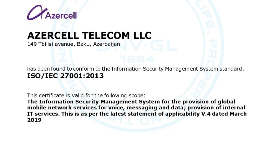 Azercell  получил ISO/IEC 27001