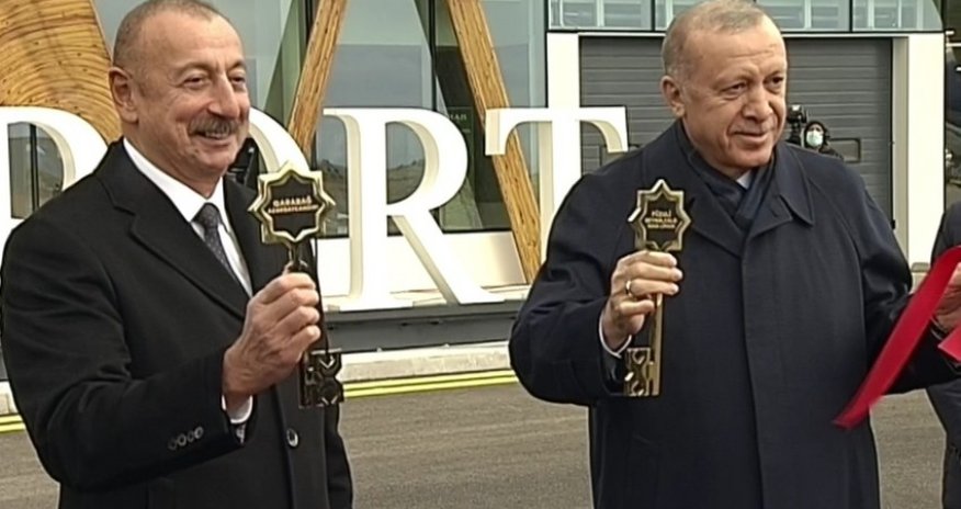 Symbolic key of Fuzuli International Airport presented to Ilham Aliyev, Recep Tayyip Erdogan