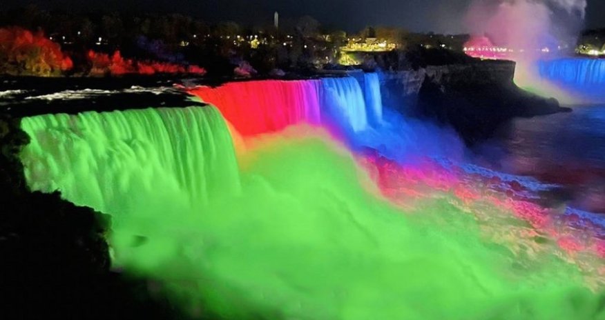 Niagara Falls lit up with colors of Azerbaijani flag