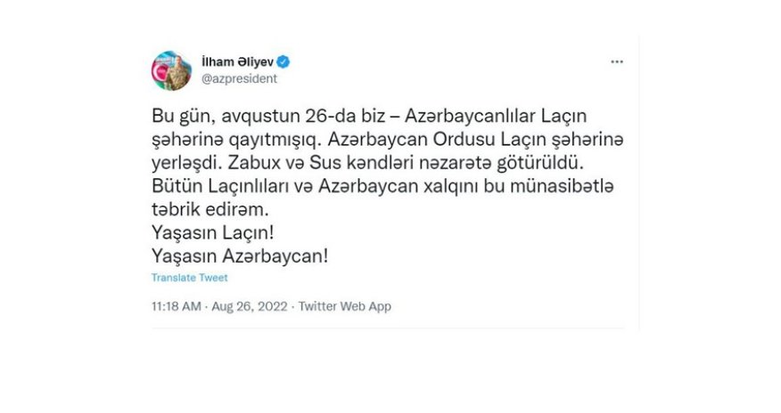 Ilham Aliyev: Azerbaijani Army stationed in Lachin city