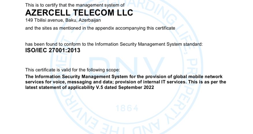 Azercell affirms its customer information protection practice accords with international standards once again