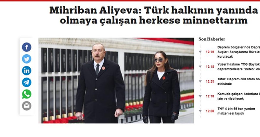 Mehriban Əliyevanın paylaşımı Türkiyə mediasının gündəmində