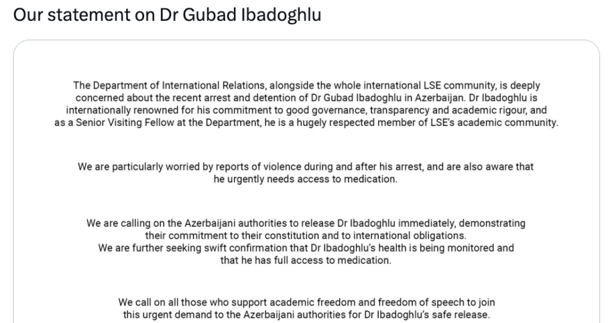 Qubad İbadoğlu ilə bağlı London İqtisadiyyat və Siyasi Elmlər Məktəbi bəyanat verib