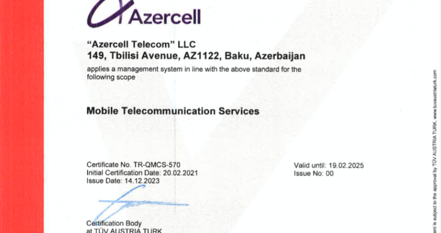 Azercell was awarded an international certificate for quality management