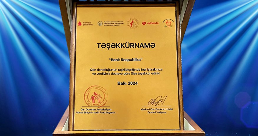 Bank Respublika “Gənc Qan Donorlarının IV Ümumrespublika Forumunda” mükafat alıb