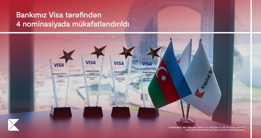 Kapital Bank rəqəmsal ödəmələrdə dünya lideri olan Visa şirkəti tərəfindən 4 mükafata layiq görüldü