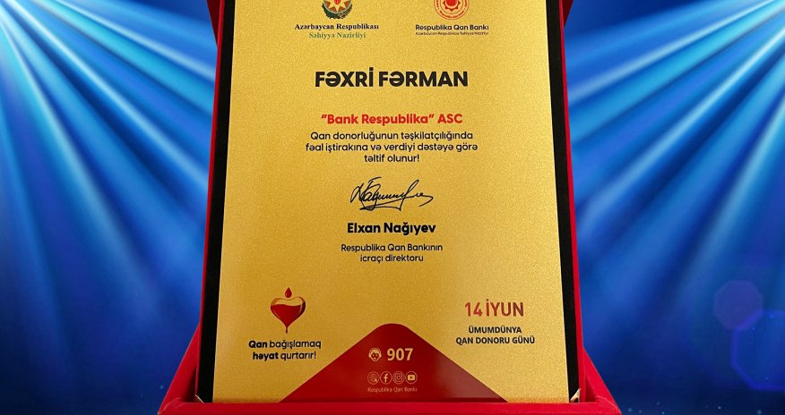 
Bank Respublika qan donorluğunun inkişafına verdiyi töhfəyə görə mükafatlandırıldı