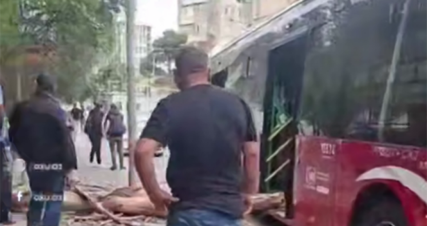 Bakıda külək ağacı avtobusun üzərinə aşırıb - Video