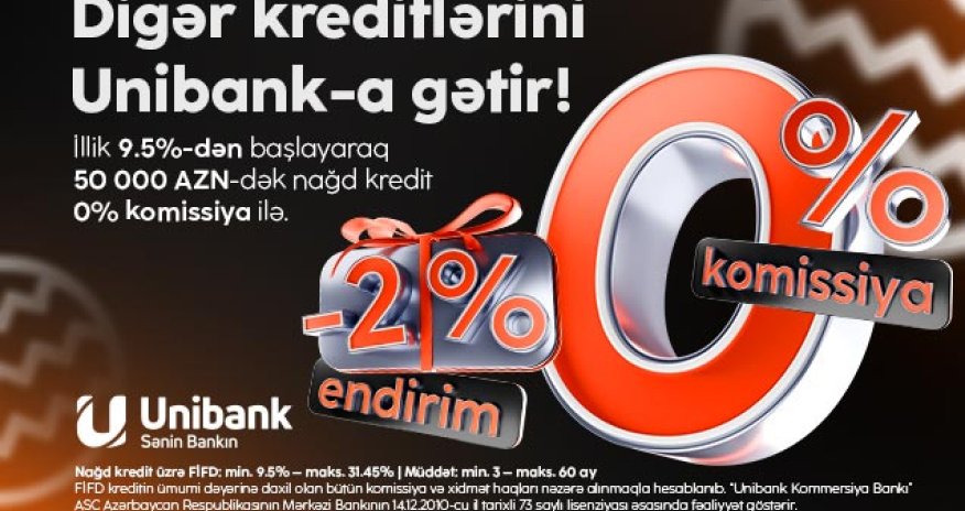 Unibankın Yeni il kampaniyası davam edir: 0 % komissiya, 2 % endirim!