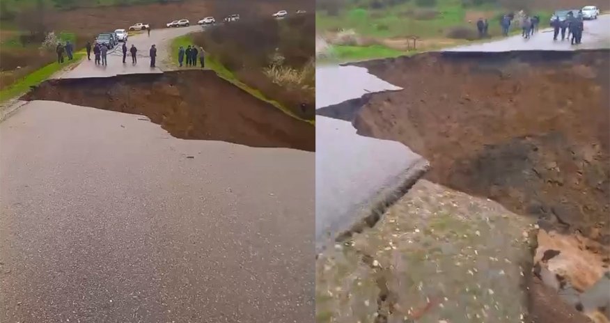 Qusarda kəndləri birləşdirən yolu sel aparıb - Video